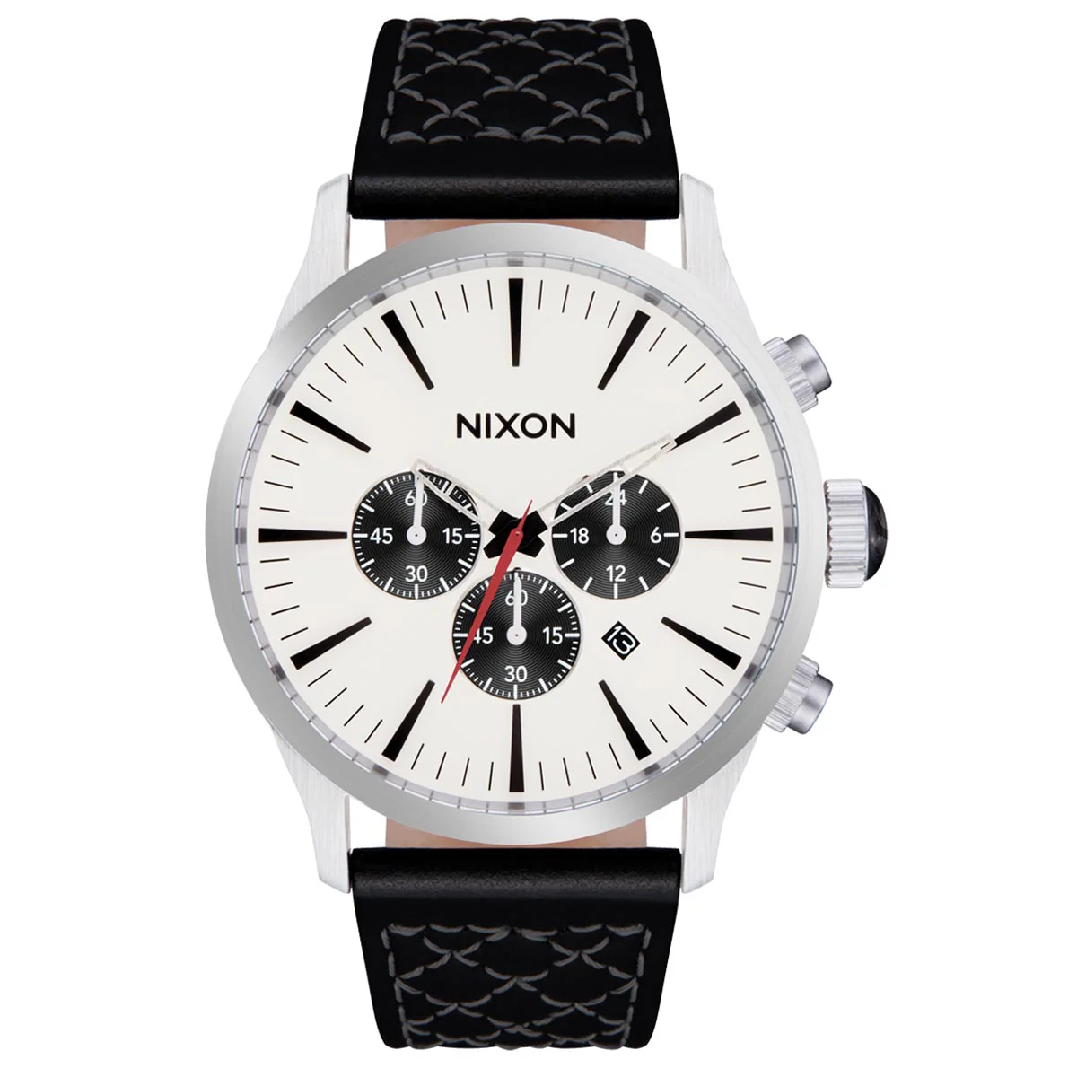 Nixon Sentry Chrono Leather Watch - Chrome/Cloud Sunray/Black